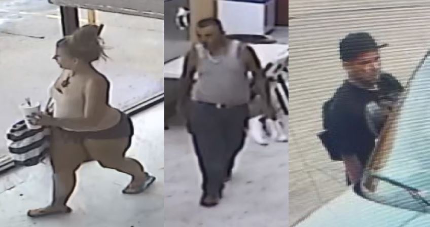 Three-photo camera footage collage. Left photo contains a woman with her hair in a messy bun, short shorts, a light-colored spaghetti strap shirt, flip flops, and a large black and white striped back. Middle photo contains a pan in a tank top, chain, and dark colored pants. Right photo contains a man with a ball cap and t-shirt next to a vehicle.